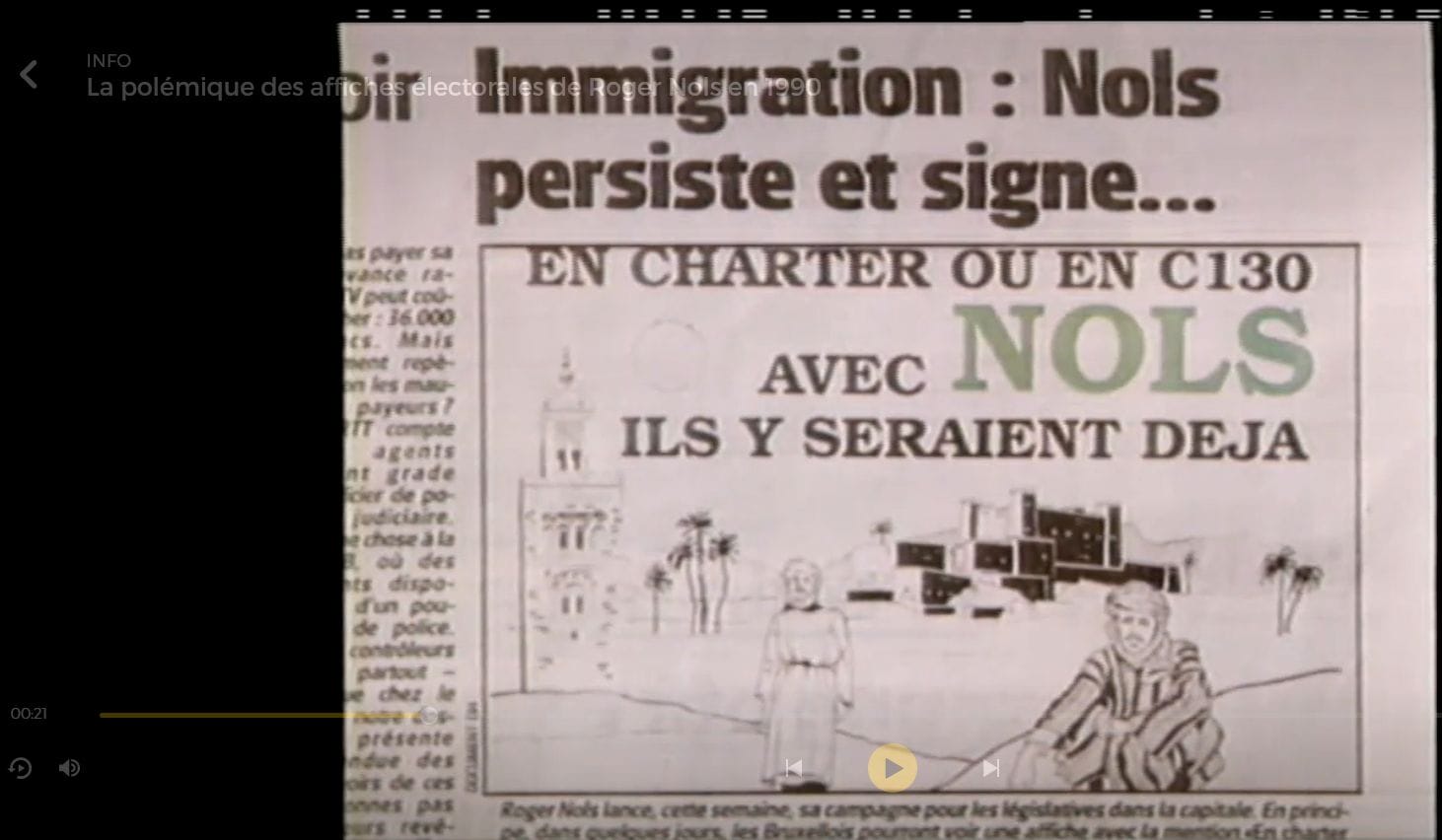 En 1990, Roger Nols dévoile une affiche visant directement les personnes immigrées. (c) RTBF, 21 aout 1990 